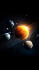 Vibrant Orange Planet in Dark Space with Orbiting Planets