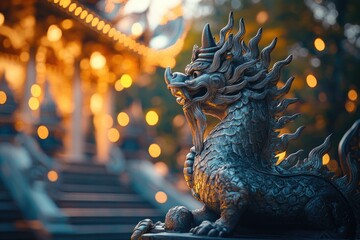 Fototapeta premium A statue of a mythical dragon sitting at the base of a grand stairway, perfect for fantasy or medieval-themed designs