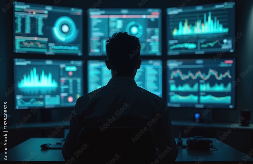 Fototapete cybersecurity analyst monitors network traffic data on multiple screens. pro analyzes threat intelli