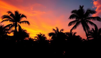 Fiery sunset paints the sky behind silhouetted palm trees, breathtaking, red