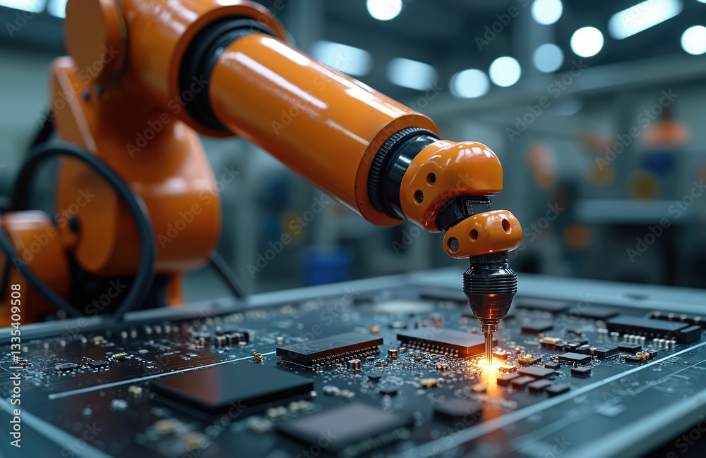Leinwandbilder robotic arm solders microchips on circuit board. automated orange robot performs precision electroni