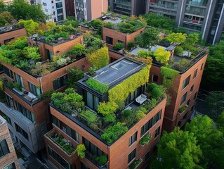 Lush green rooftops adorn buildings in an urban environment