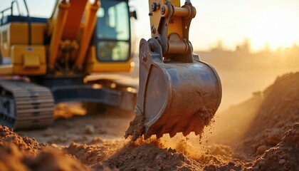 Excavator bucket lifts dirt on bright sunny construction site. Dynamic industrial machine works digging, moving earth. Powerful equipment, engineering project, daytime progress, ground dirtied,