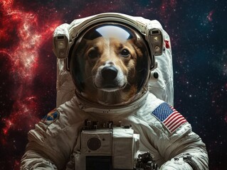 A dog wearing a space suit holds a camera in its paws, ready for an adventure