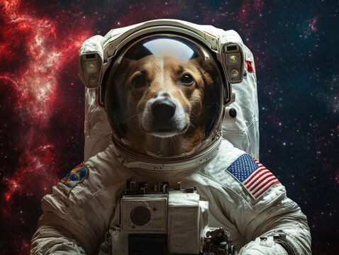 A dog wearing a space suit holds a camera in its paws, ready for an adventure