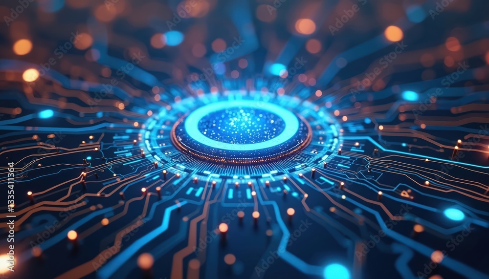 Fototapete Merging AI, quantum computing featuring powerful data processing. Blue light streaks symbolize hi-tech circuit board. Conceptual background with empty space for text, generative design. Tech