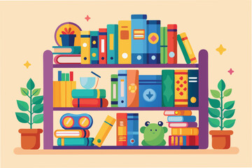 Colorful bookshelf illustration featuring various books and decorative elements in a cozy space
