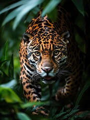 Obraz premium A large leopard walks through a dense and lush green forest, highlighting its majestic presence