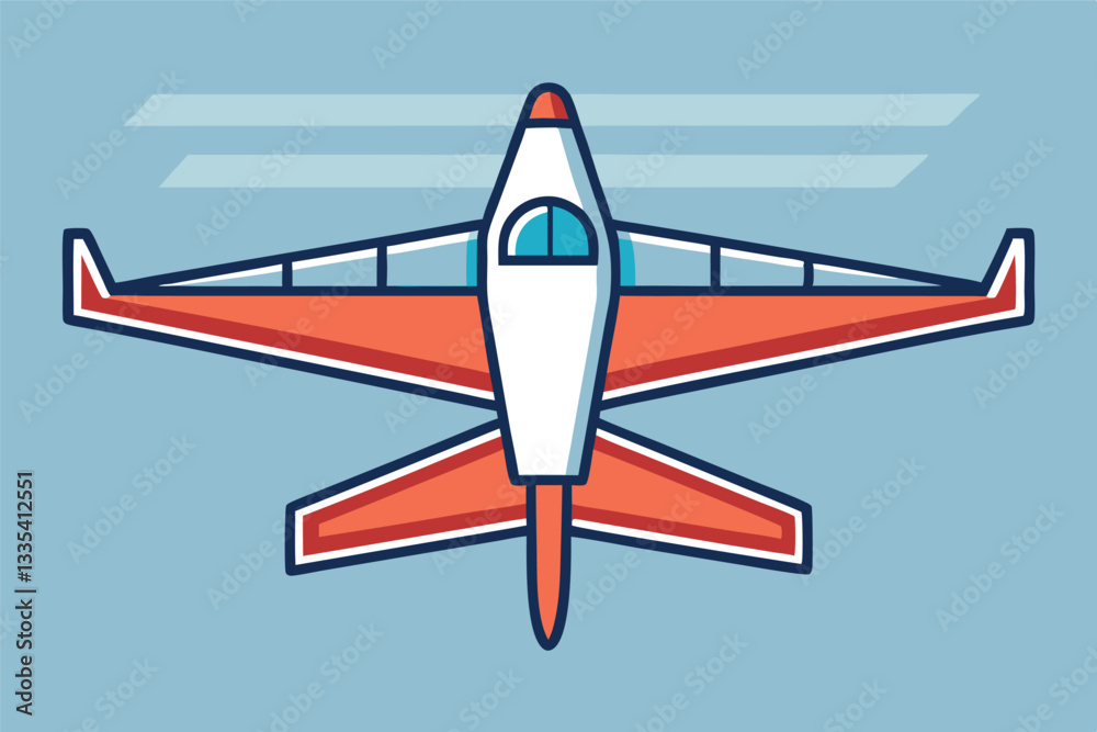 Poster stylized vector illustration of a small private airplane with a distinctive orange and blue design, 