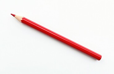 Top view of red colored pencil on white background. Single short sharpened red crayon. Drawing equipment for sketching art, office or school. Simple colourful wax supply, top view template.