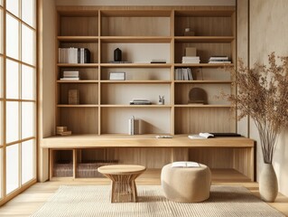 Fototapeta premium A modern living space with built in shelves and minimal decor