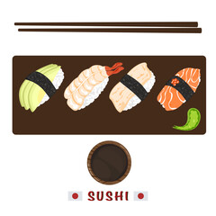 Set of different types of sushi vector illustration. Delicious food. Popular Japanese food. Nigiri sushi. Raw fish on rice. Recipe. Cooking. Menu. Restaurant. For food design, poster and background.