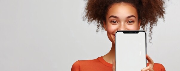 A smiling woman proudly holds up a white smartphone screen