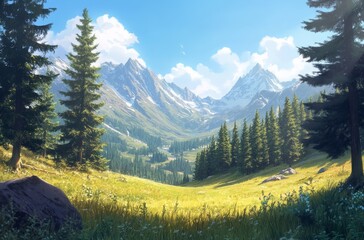 Alpine Meadow Valley, Sunny Mountain Landscape