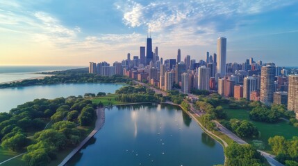 Fototapeta premium Aerial view showing city skyline and green landscape beside water
