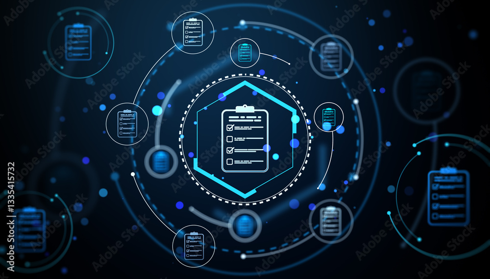 Leinwandbilder Digital document management system with checklist icons in a futuristic interface. 3D Rendering