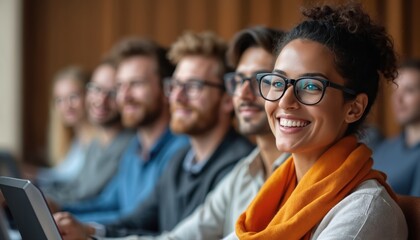Attendees at skill development seminar engage interactive learning modules. Woman smiles in focus. Diverse students with laptops at business conference. Side copy space for text. Education, training,