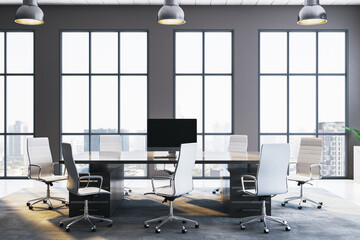 Modern office meeting room with large windows and city view. 3D Rendering
