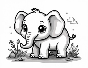 Naklejka premium Black and white line illustration of cute baby elephant with flowers. The drawing is intended for coloring books and features cartoon animals. Perfect for kids creativity and learning.