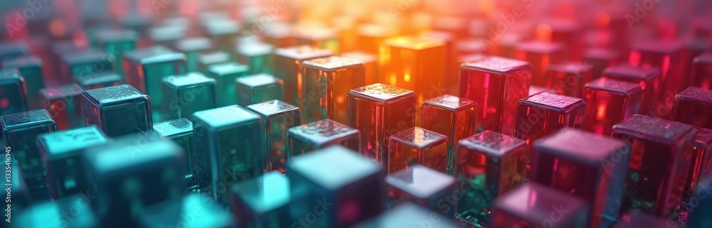 Poster Abstract 3D render background features modern geometric shapes. Cubic forms with lighting effects in blue, red, orange. Digital cyberspace design ideal for presentation, business technology concept