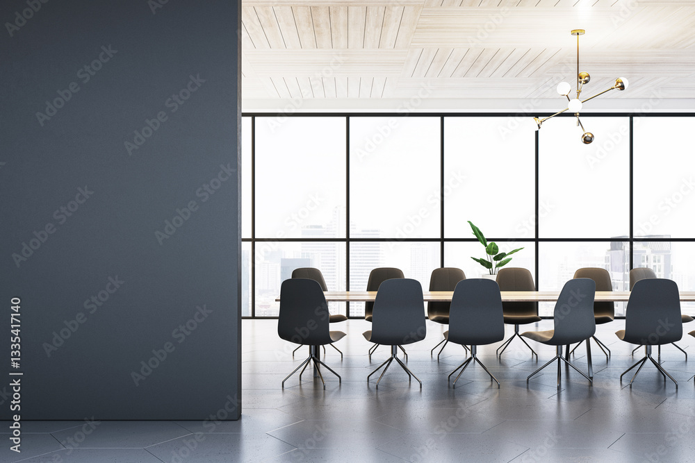 Aufkleber modern conference room with chairs and table by large city view windows. 3d rendering