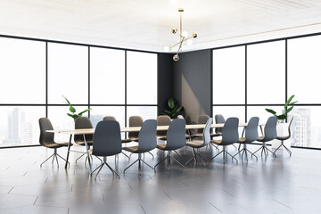 Modern conference room with large windows and sleek furniture. 3D Rendering