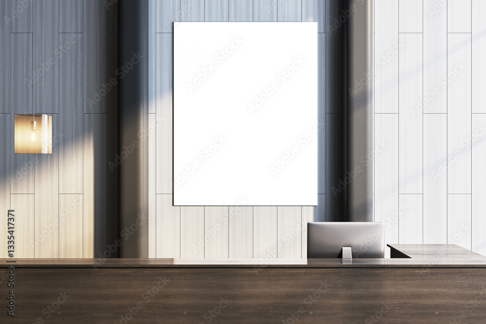 Poster modern reception desk with blank vertical poster on wooden wall. 3d rendering
