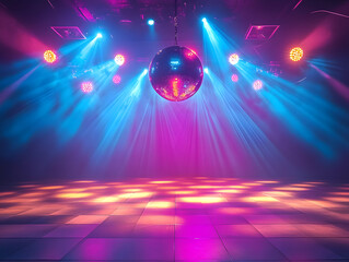 Retro style 70s disco club background with groovy dance floor mirror ball hanging from ceiling and colorful spotlights
