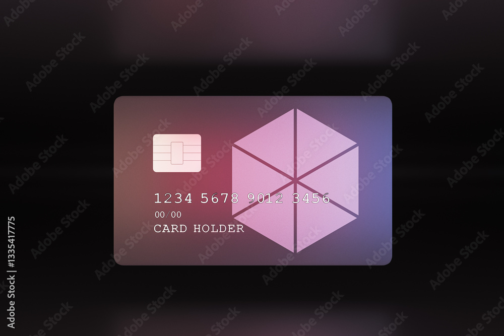 Poster blank credit card mockup with chip and geometric design on dark background. 3d rendering