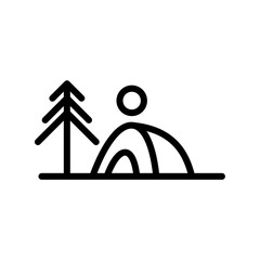 Minimalist camping icon featuring a tent, a moon, and a pine tree. Perfect for outdoor adventure designs, travel logos, and nature-themed graphics.