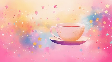 A decorative teacup with pink and colorful background and stars