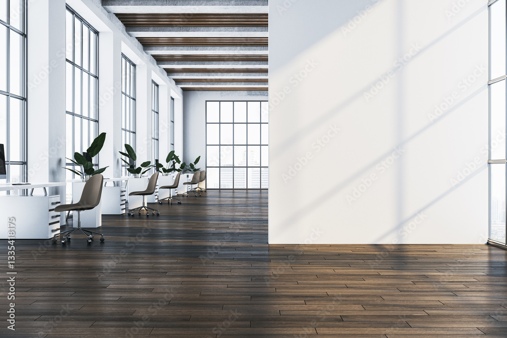 Poster modern office interior with workstations and large windows. 3d rendering