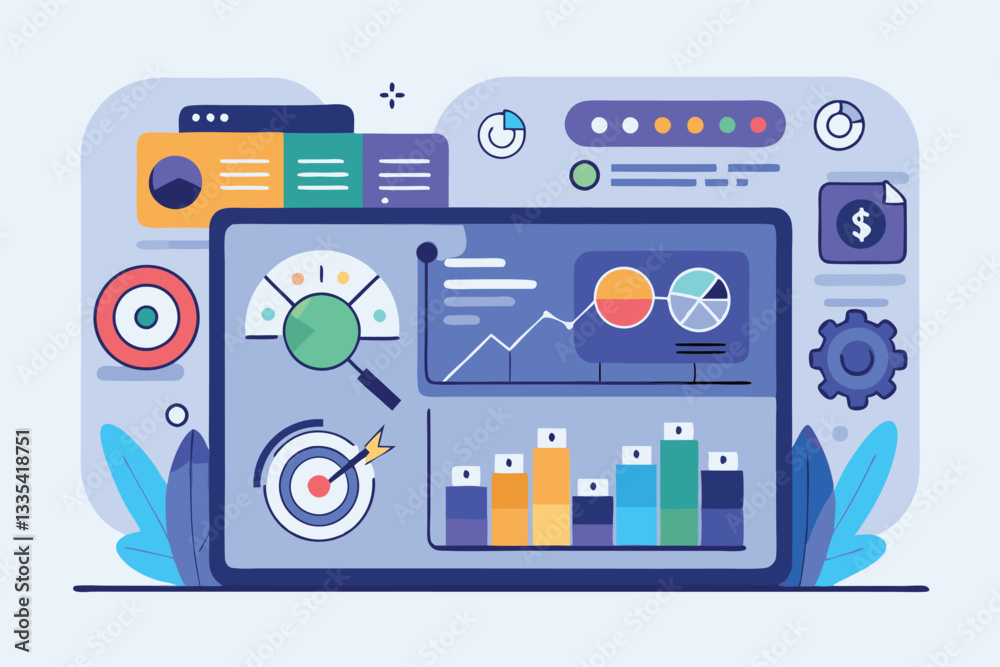 Poster illustration of a computer screen displaying various graphs, charts, and data visualizations in a co