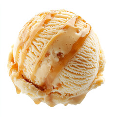 ice cream scoop with liquid caramel close-up on transparent background