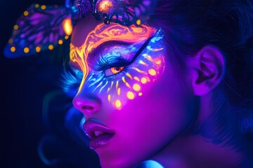 Fototapeta premium Woman with neon colored face paint and butterfly wings. The woman is wearing a black dress and has a bright, colorful look. The image is meant to be fun and playful