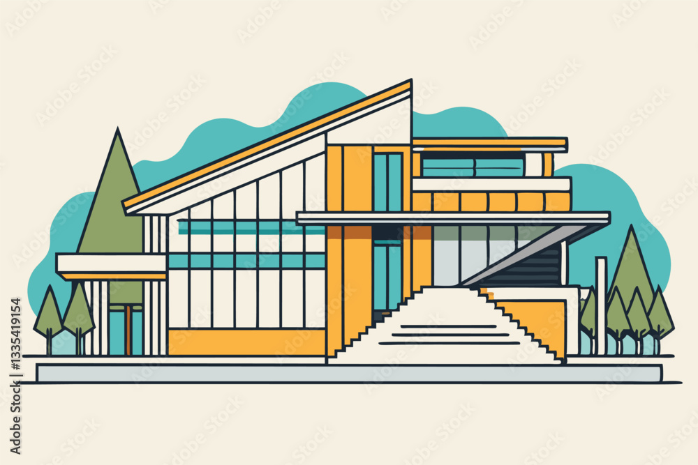 Poster Modern architectural logo design featuring a colorful vector illustration of a stylish building with large windows and unique structure in a simplified style