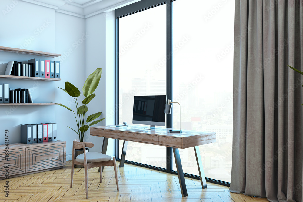 Poster Modern home office with wooden desk and large window view. 3D Rendering