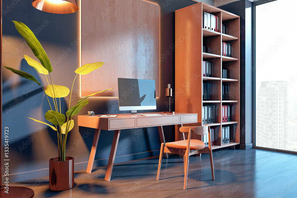 Poster modern minimalist home office with wooden desk, chair, and bookshelves near a large window with city