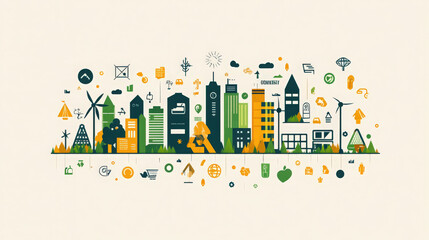 Eco-Friendly Cityscape. Stylized digital art illustrating a sustainable eco friendly city with green energy, recycling, and nature concepts.