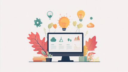 Sustainable Web Design Concept. Illustration of a sustainable web design with a monitor, lightbulbs, and plants, symbolizing creative and eco-friendly solutions.