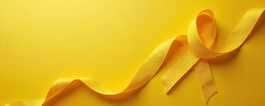 Yellow ribbon on yellow background supports people with illness. July Sarcoma cancer awareness, suicide prevention day, childhood cancer awareness month. Represents hope, help, support for patients,