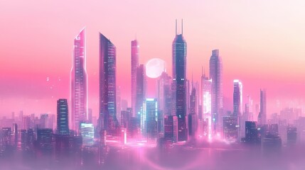 Fototapeta premium Futuristic City Skyline Glowing Against a Pink and Purple Sky