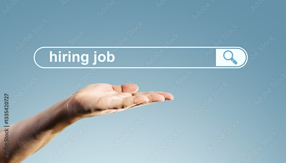 Poster Hiring job search concept with a human hand displaying a search bar interface on a light gradient background.