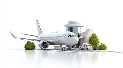 White Airplane at Airport Terminal with Service Vehicles