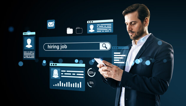 Businessman using smartphone for online job search with digital recruitment interface.
