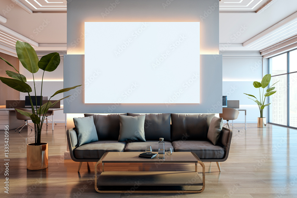 Poster Modern office lounge with large illuminated mockup frame. 3D Rendering