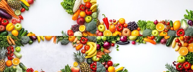 Colorful fruits and vegetables arranged in a square frame on white background.