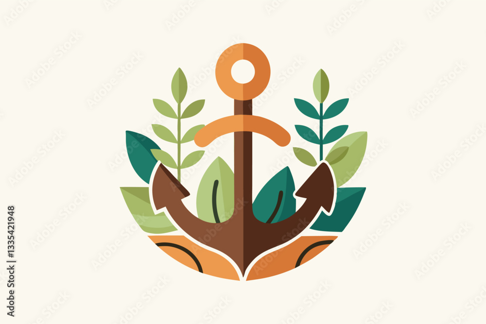 Poster creative and modern vector illustration of an anchor intertwined with leaves and plants for a fresh 