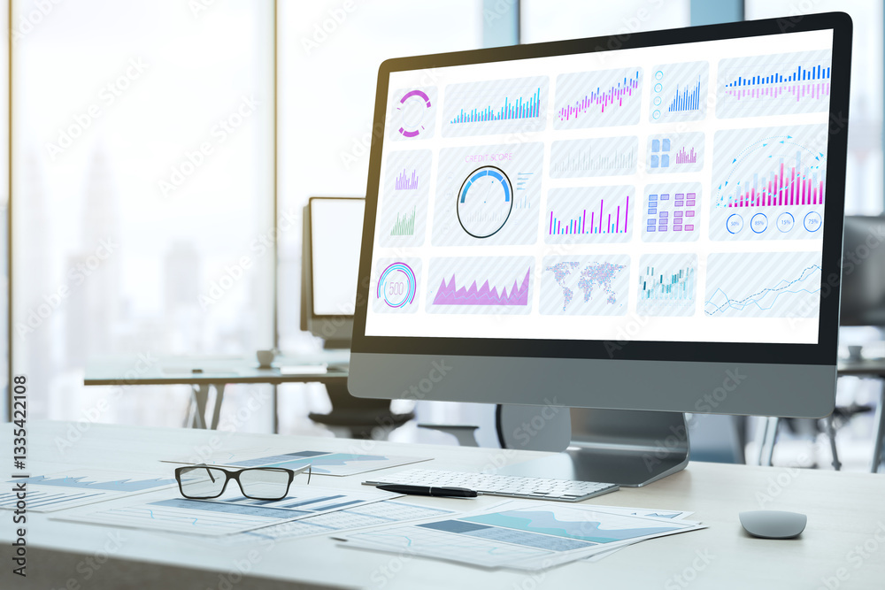 Poster Financial analytics on desktop screen in modern office with city view. 3D Rendering
