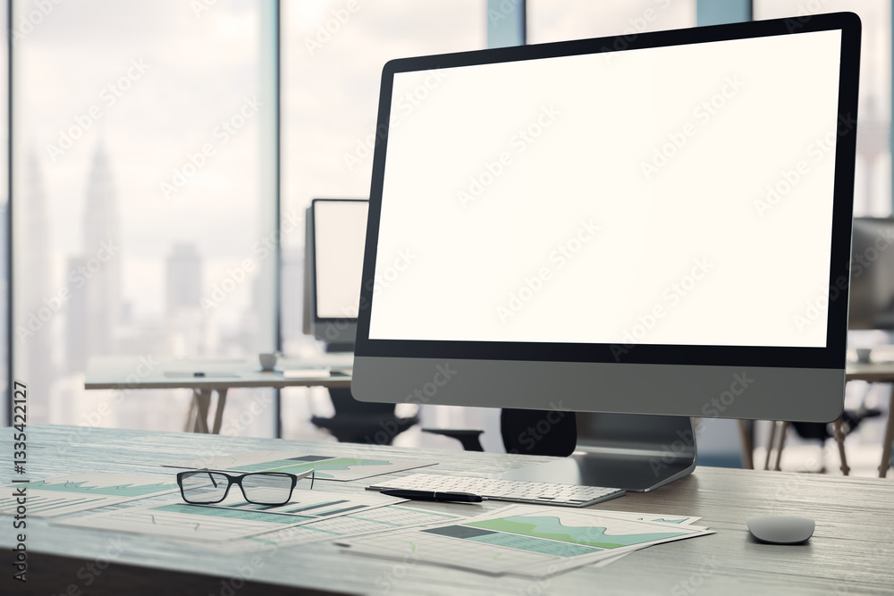 Poster Blank computer screen on office desk with financial reports and glasses. 3D Rendering